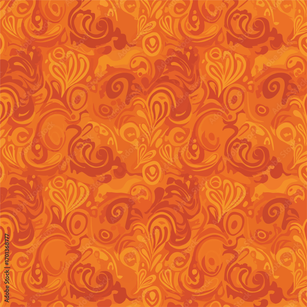 Fototapeta premium Intricate orange floral pattern with swirling designs and decorative elements creating a vibrant backdrop, patern seamless, royalty stock.