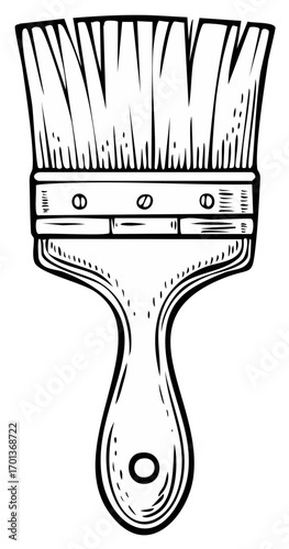 Simple black and white illustration of a paint brush with bristles and a handle