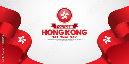 Hong kong national day banner background 1st october design element with waving ribbon flag