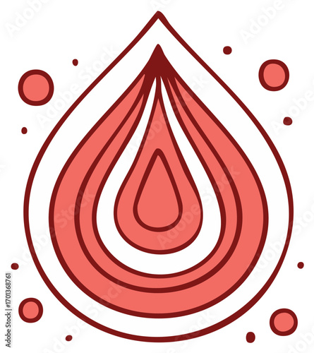 Abstract Red Water Drop Shape with Bubbles and Concentric Rings