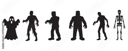 Halloween Monsters Silhouette Collection with Ghost, Zombie, Frankenstein, and Skeleton
