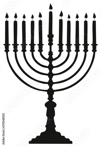 Traditional Hanukkah Menorah with Nine Lit Candles Silhouette Design Jewish Festival of Lights Symbol