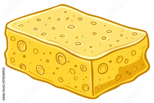 Cartoon Yellow Sponge for Washing Dish with Holes and Texture Vector Illustration