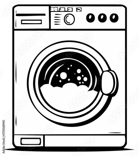 Front loading washing machine with bubbles in monochrome, laundry appliance