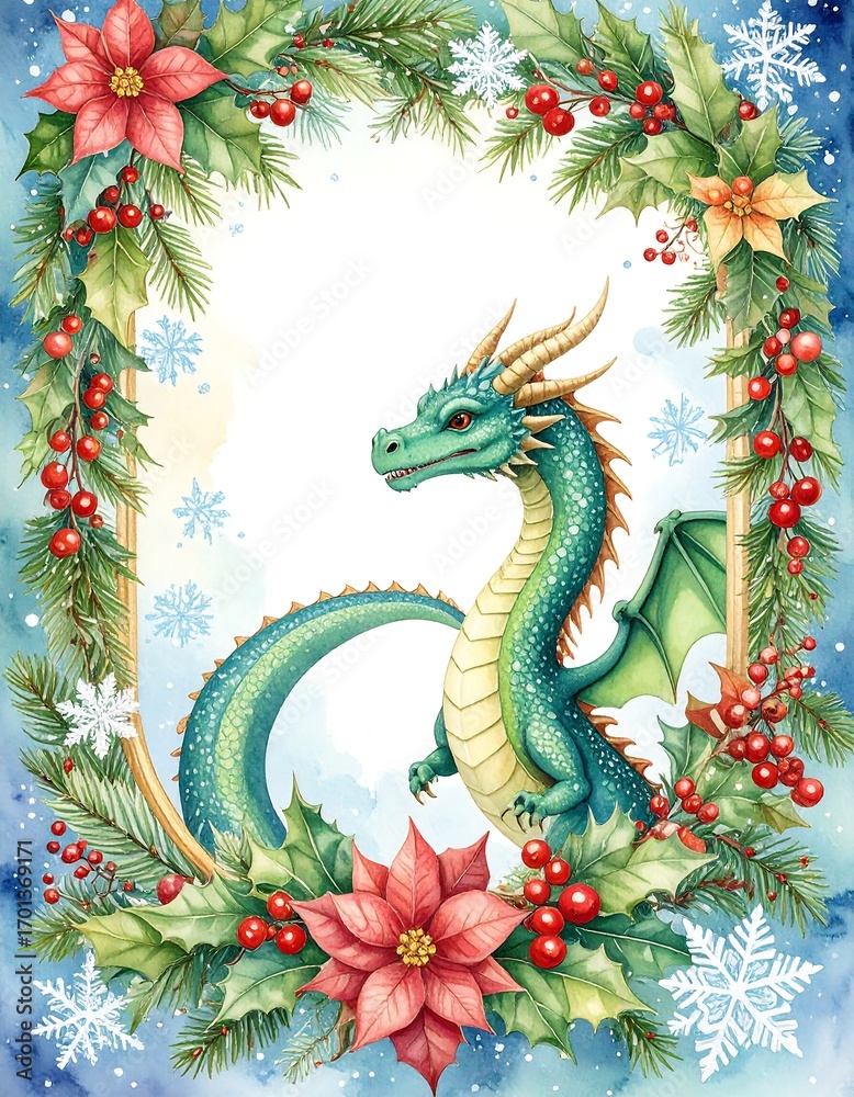 Fototapeta premium Christmas dragon in floral frame