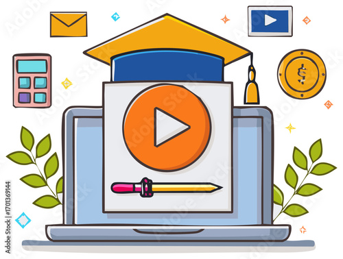 Online education illustration, mortarboard on laptop screen with video play icon.