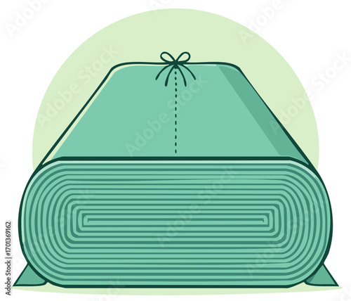 Green rolled up sleeping bag or bedroll tied with a bow for outdoor hiking and camping