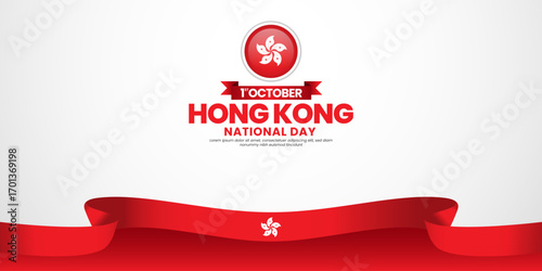 Hong kong national day banner background 1st october design element with waving ribbon flag