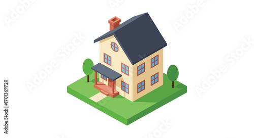 a cozy cartoon house with blue roof red door green lawn