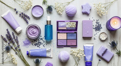 Lavender-themed beauty products and cosmetics arranged on a whit