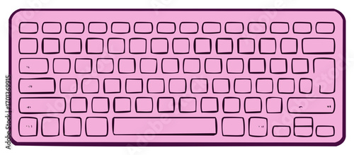 Hand drawn pink computer keyboard with empty keys in a cute cartoon doodle style top view illustration