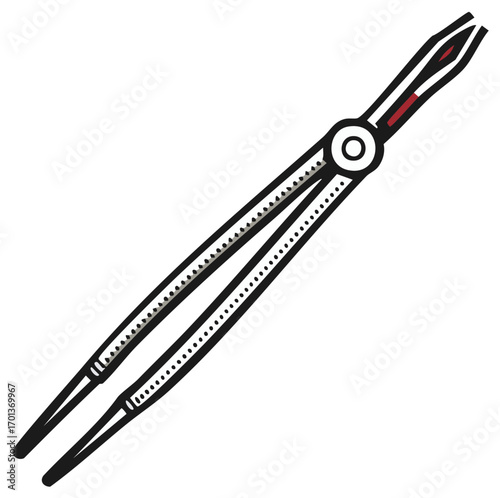 Illustration of a closed pair of pointed tweezers with red tips and dotted grips