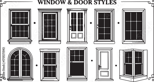 Vector art of various window and door styles illustrated