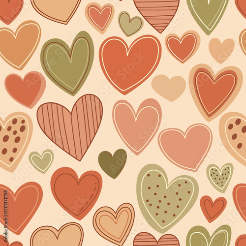 Seamless pattern of hearts in warm colors for love and Valentine's Day, seamless pattern, royalty free stock.