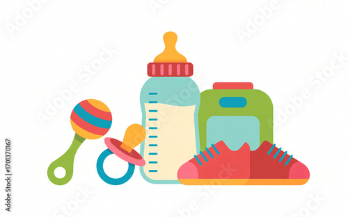 Baby Items Collection Vector Illustration Featuring Rattle, Pacifier, Baby Bottle, Lunchbox, and Shoes for Infant and Toddler Visuals
