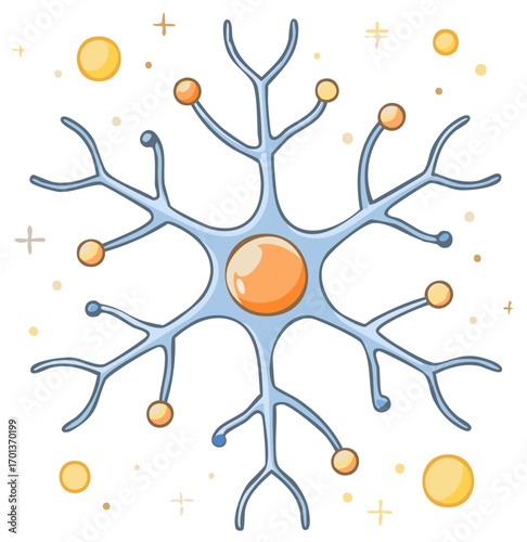 Abstract Neuron Illustration with Orange Nucleus and Yellow Decorations