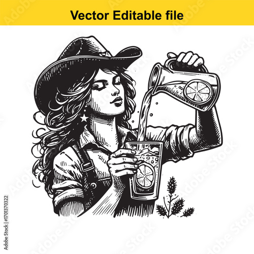 Cowgirl pouring a refreshing drink into a glass, isolated on white background