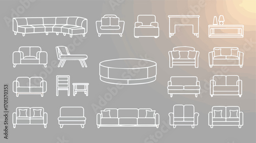 Vector art of collection of various furniture outlines including sofas, chairs, and tables