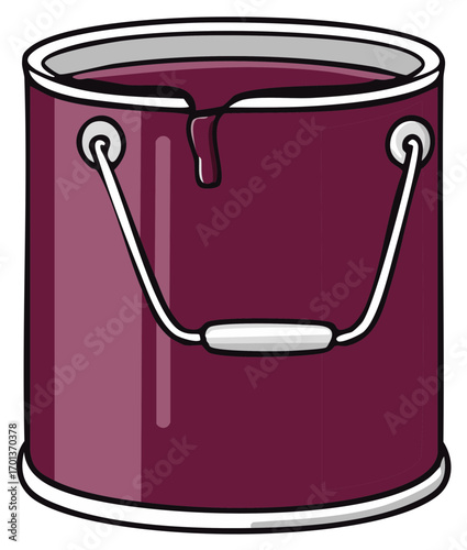 A can of dark red paint with a metal handle and a dripping effect from the lid
