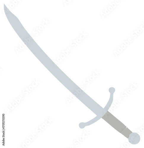 Simple flat design illustration of a light gray curved blade sword with crossguard and pommel, a classic weapon vector