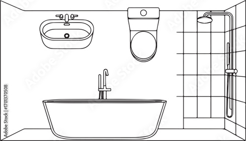 Vector art of topdown view of a modern bathroom layout with bathtub, sink, and toilet