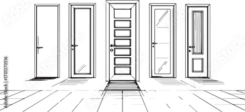 Vector art of collection of different door designs in a sketch style
