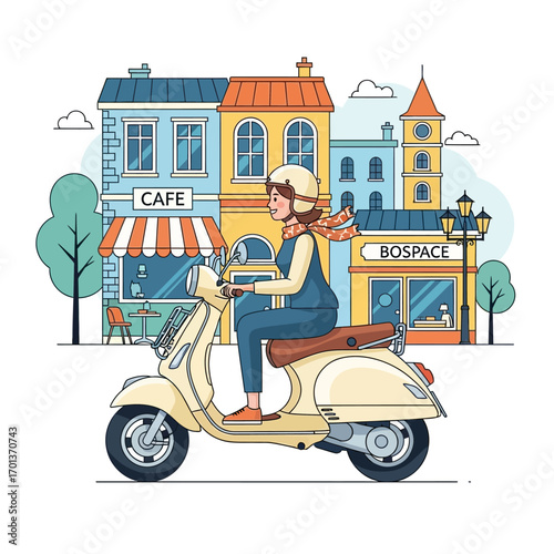 A stylish woman rides a vintage scooter through a charming European street lined with quaint shops and cafes, enjoying a delightful urban adventure in bright daylight