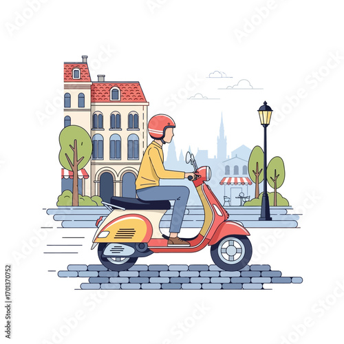 A person wearing a helmet rides a vintage-style scooter through a charming European-inspired city street with buildings and trees