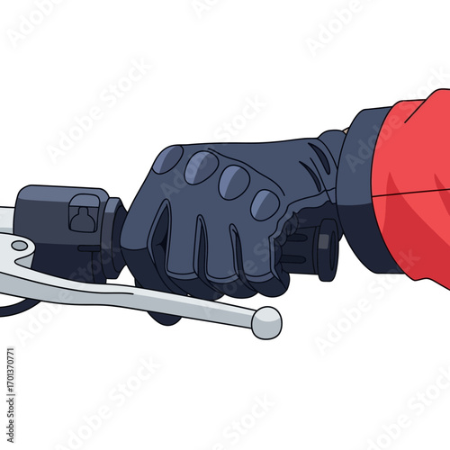 Close-up shot of a gloved hand firmly gripping the handlebar of a motorcycle, ready to accelerate or brake, showcasing control and motion