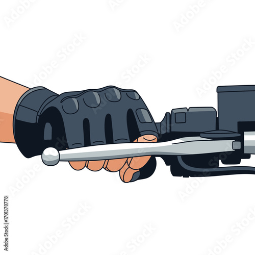 Close-up of a gloved hand gripping a motorcycle handlebar, ready to ride, with focus on the control lever and throttle, symbolizing freedom and adventure on the open road