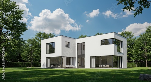 Wallpaper Mural Modern White L- Shaped House with Large Windows and Green Lawn Torontodigital.ca