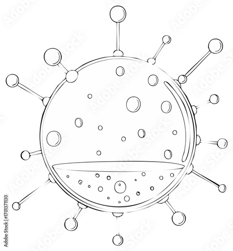 Vector illustration of a spherical object with circular elements and protruding spheres