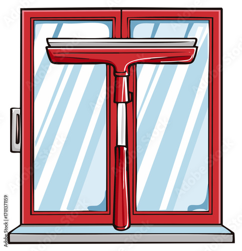 Red squeegee tool cleaning a glass window pane illustration