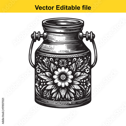 Vintage milk can with floral ornament isolated on white background