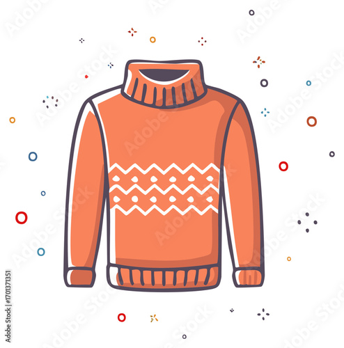 Cozy Orange Turtleneck Sweater with Geometric Pattern and Festive Sparkle Accents