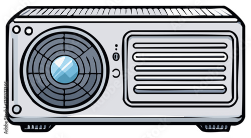 Stylized illustration of an air conditioner unit with a prominent fan and vents for cooling.