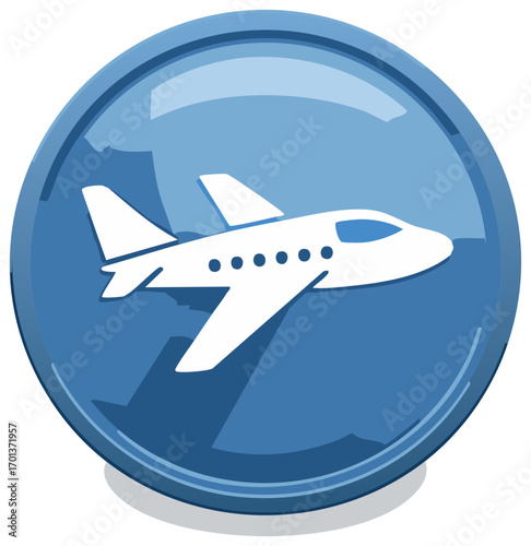 Airplane Icon on Blue Badge for Air Travel Services, Passenger Aircraft Transportation