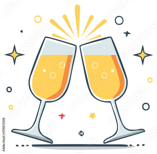Clinking champagne flutes with sparkling bubbles and stars celebrating success