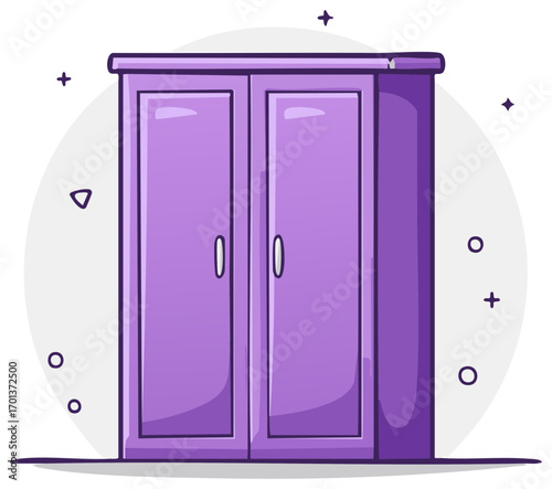 Cartoon illustration of a simple wardrobe with two purple doors and a soft shadow