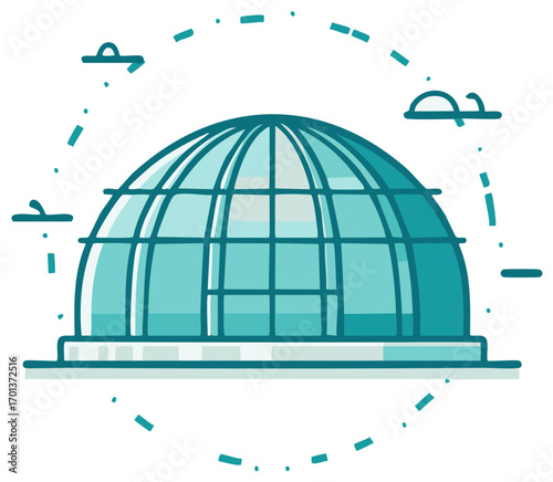 Doodle style illustration of a geodesic dome with airplane icons and dotted lines