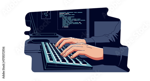 Close-up of a person's hands typing on a computer keyboard in a dark room, with lines of code visible on the screen, conveying a sense of programming and digital work