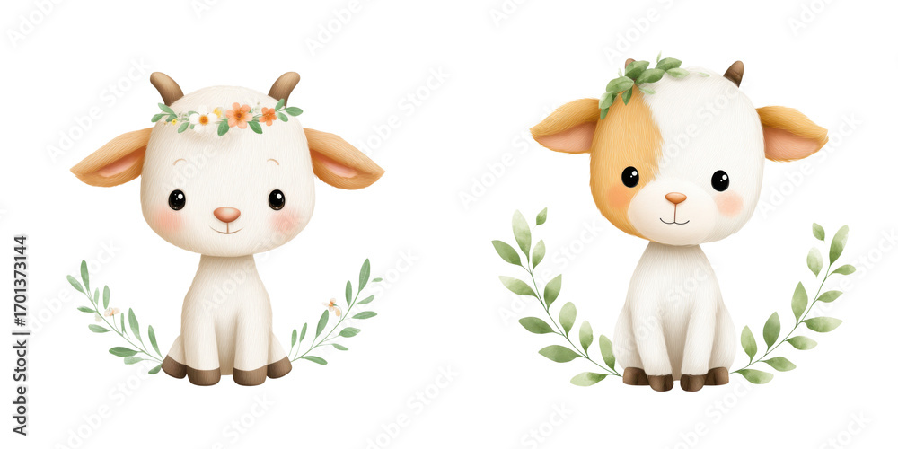 Naklejka premium Cute baby goats with floral wreaths, surrounded by greenery, evoke joyful and playful atmosphere., isolate on transparent background