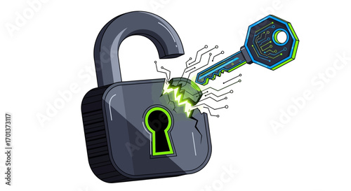 Digital security concept an unlocked padlock with a broken circuit board inside, connected to a digital key, representing data protection and cyber threat