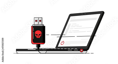 Cybersecurity threat illustration of a USB drive with a skull symbol plugged into a laptop, representing malware and data security risks
