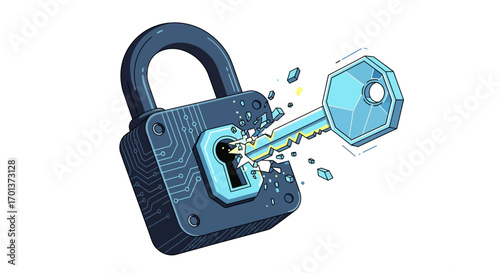 Cybersecurity concept a blue key breaking open a padlock, symbolizing access, security, and digital protection in a technology-driven world with circuit board patterns