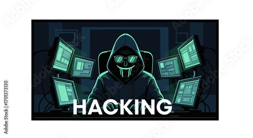 Anonymous Hacker in Hooded Sweatshirt Surrounded by Multiple Computer Screens Displaying Code and Data, Symbolizing Cybercrime and Digital Intrusion
