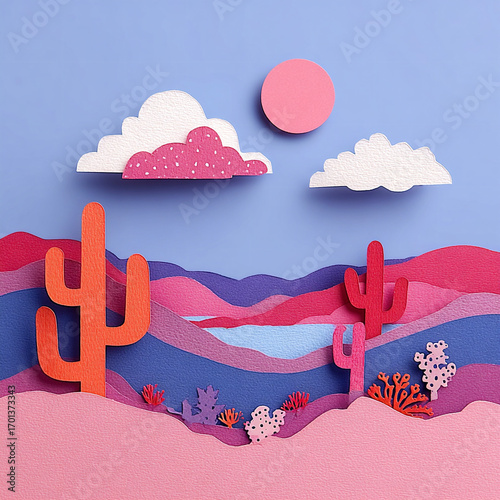 Desert - A vast blue expanse with orange cactus
