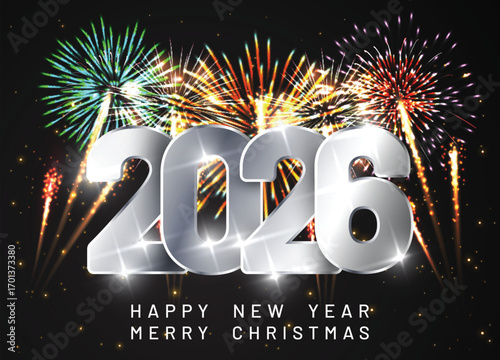 Happy new year 2026 Elegant text with light effect and fireworks.
