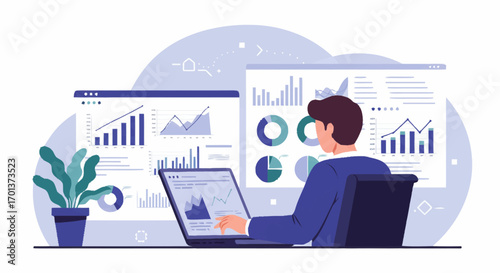 Modern flat vector illustration of a data analyst managing business intelligence dashboards and statistical charts on multiple screens