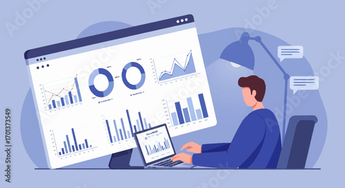 Male specialist managing financial analytics and market research on a comprehensive computer dashboard display